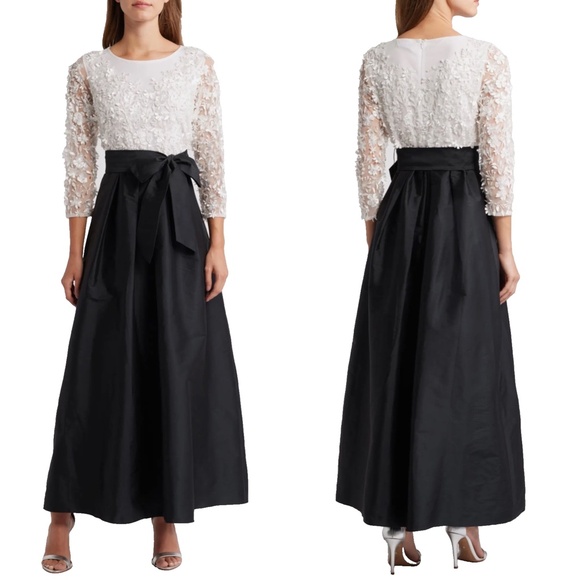 NEW PISARRO NIGHTS Black & White 3D FLORAL BODICE Beaded TAFFETA Evening GOWN 18 - Picture 1 of 12